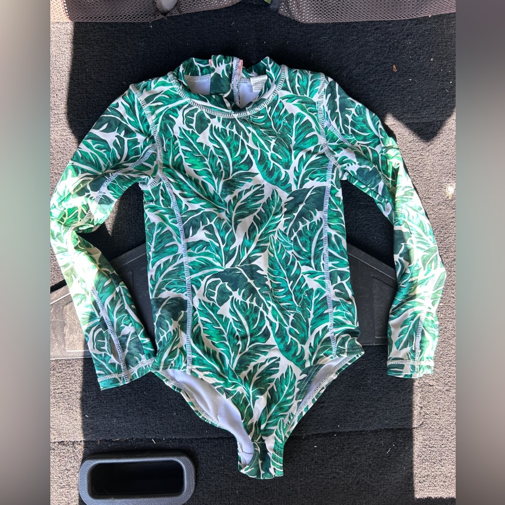 Green Leaf Print Kids Swimwear